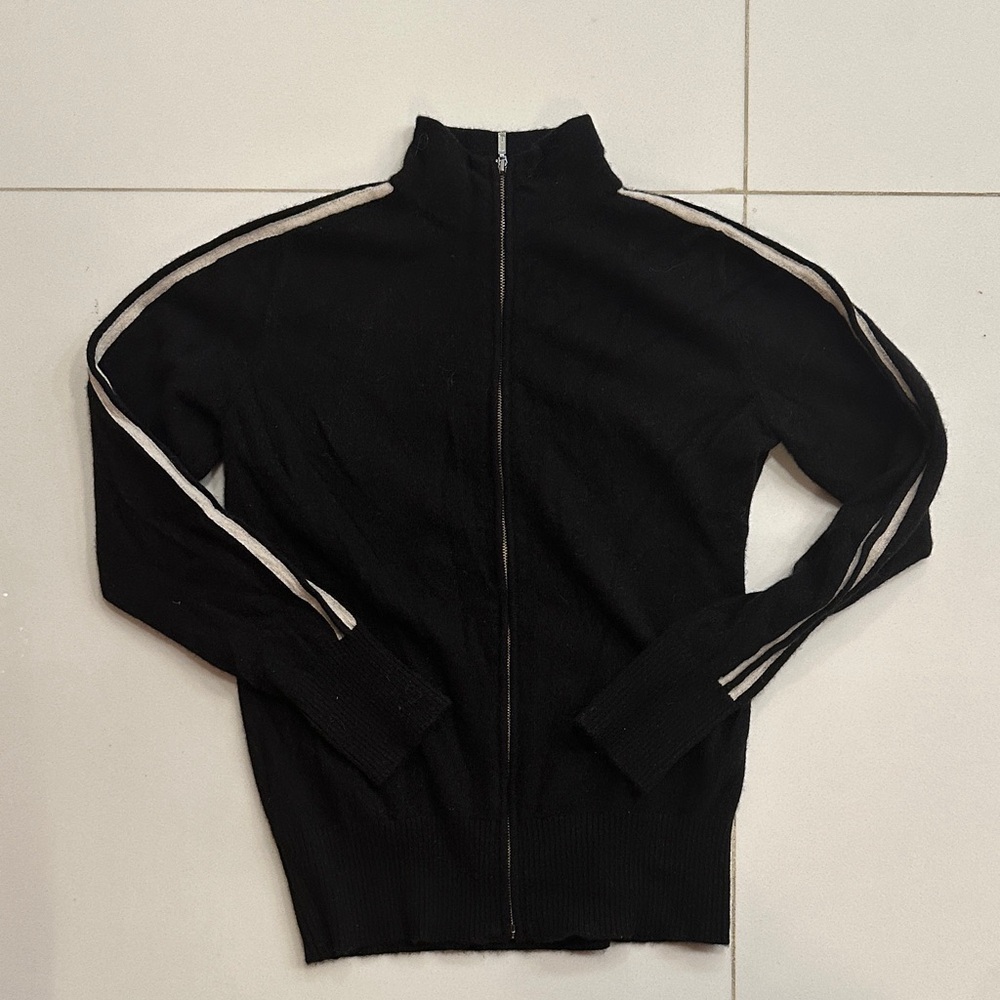The cashmere project Black Zip-Up Sweater with White Stripes
